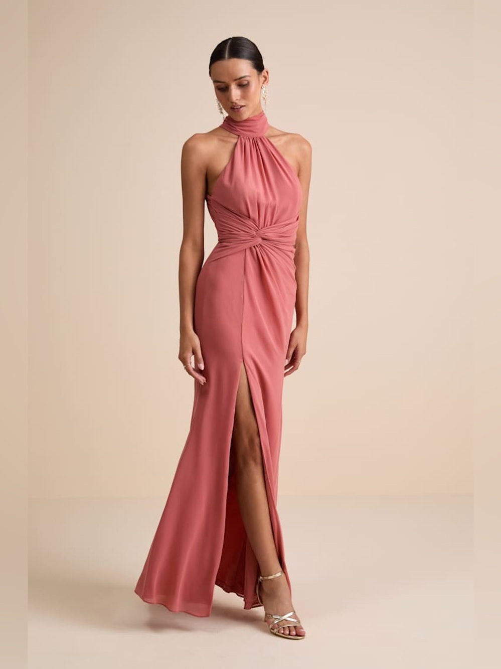 NWT Lulus Lavinia Rusty Rose Mock Neck Backless Maxi Dress Size XS